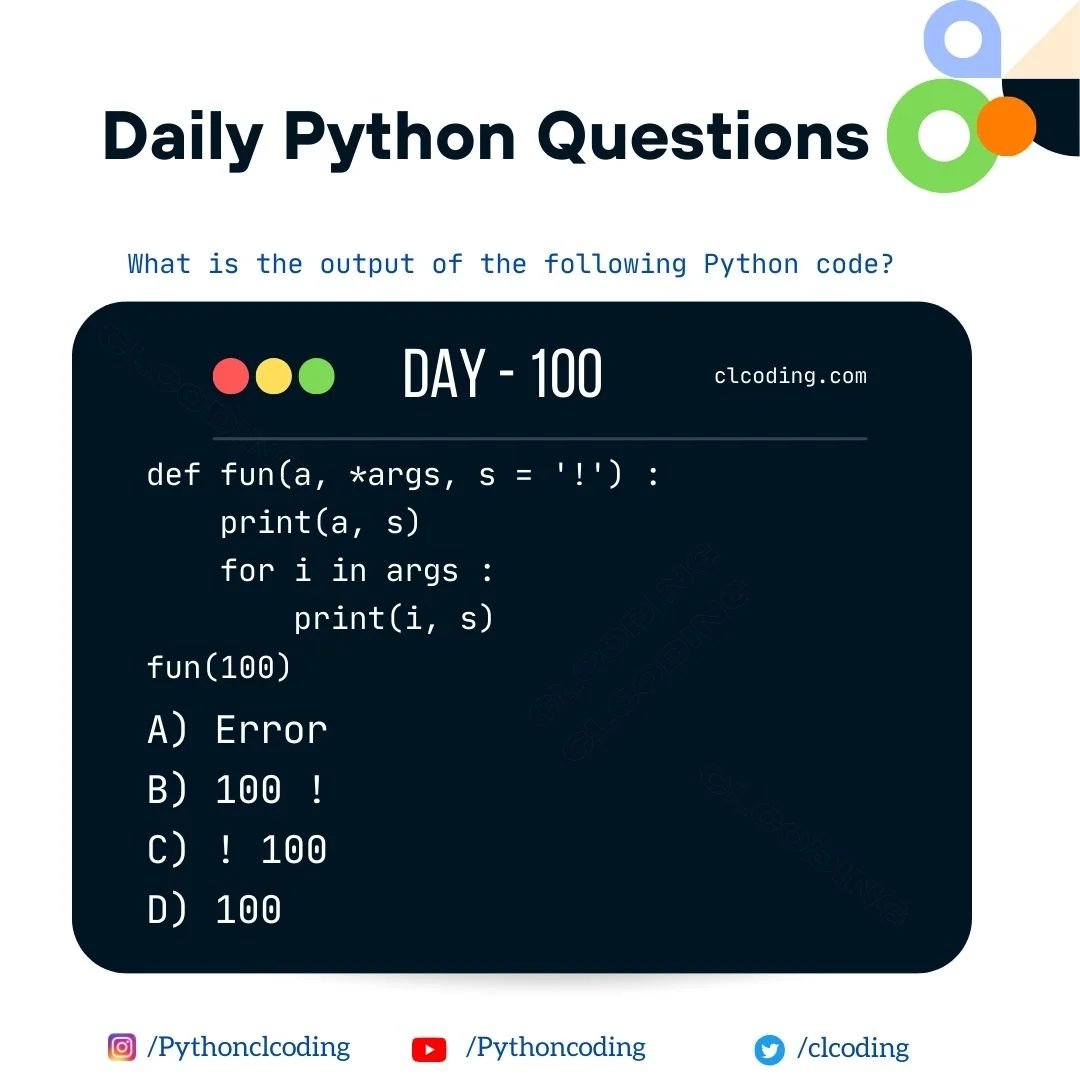 clcoding's tweet image. Free Daily Python Questions ( 0 to 100 Days) clcoding.gumroad.com/l/tglqa
Upto 200 days clcoding.gumroad.com/l/vjbygj