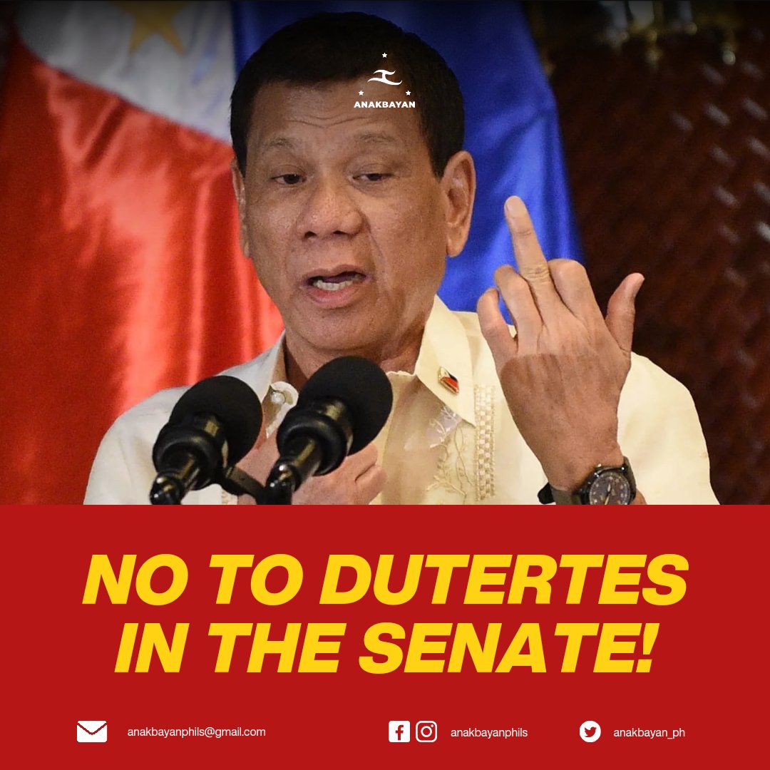 NO TO DUTERTES IN THE SENATE!

Anakbayan opposes the Duterte dynasty’s Senate bid. The Filipino youth must expose their candidacy as nothing but a part of its rivalry against the Marcoses and other political dynasties for supremacy rather than to truly serve the people. (1/4)