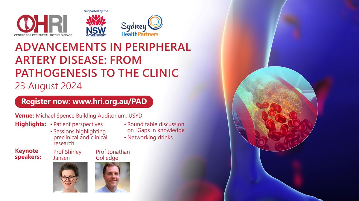 Heart Research Institute (@hriaust) on Twitter photo Please join us for the HRI Centre for Peripheral Artery Disease (PAD) Colloquium on August 23 <a href="/KavurmaMary/">Mary Kavurma</a> <a href="/Drsarahaitken/">Sarah Aitken</a>!
The event will be jam-packed with informative sessions and two amazing keynote speakers.
Register now to save your spot: hri.org.au/PAD Please join us for the HRI Centre for Peripheral Artery Disease (PAD) Colloquium on August 23 <a href="/KavurmaMary/">Mary Kavurma</a> <a href="/Drsarahaitken/">Sarah Aitken</a>!
The event will be jam-packed with informative sessions and two amazing keynote speakers.
Register now to save your spot: hri.org.au/PAD