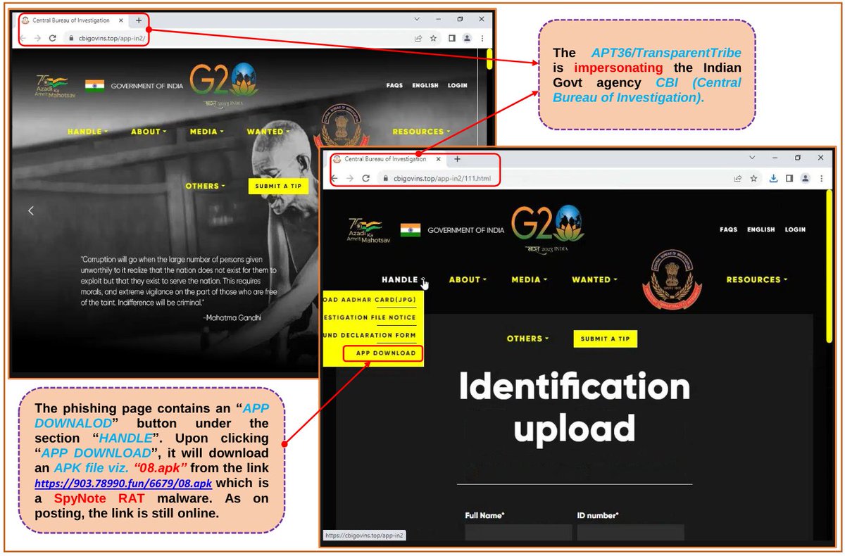 Cyberteam008's tweet image. Pakistan's #APT36 / #TransparentTribe is Targeting Indian Govt agency Central Bureau of Investigation (CBI) to deliver #SpyNote #RAT malware.
Details are explained in the attached snapshot.
Infra: pastebin.com/w0F6pVa7
@500mk500 #Malware #ioc