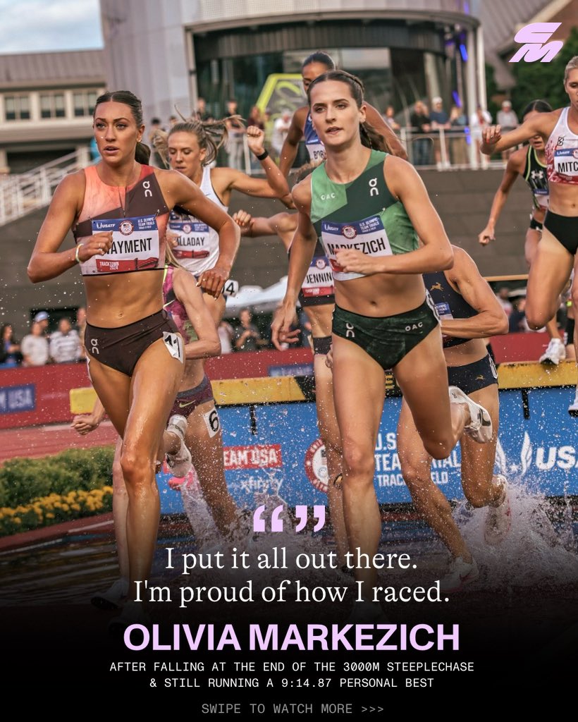 The best response to a fall is to get back up.
 
<a href="/OMarkezich/">Olivia Markezich</a> ran her legs out from under her in the Olympic Trials steeplechase final, taking a hard tumble after the last barrier that knocked her from 3rd to 6th in the final 100 meters.
 
Still, she finished in 9:14.87, a