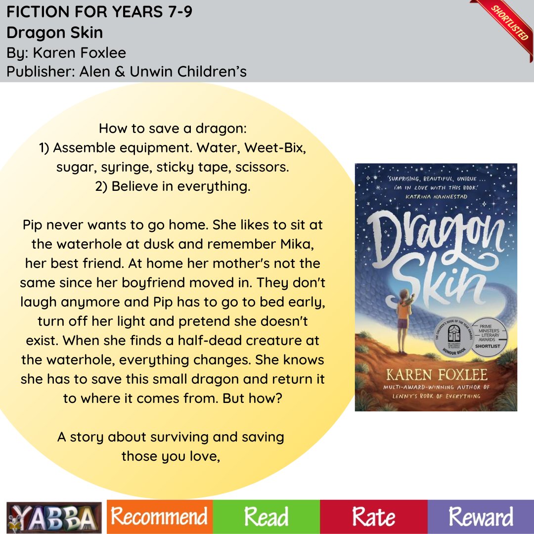 YABBA Shortlist Spotlight - Fiction for Years 7-9 nominee: 'Dragon Skin' by Karen Foxlee. Published by Allen &amp; Unwin Children's.