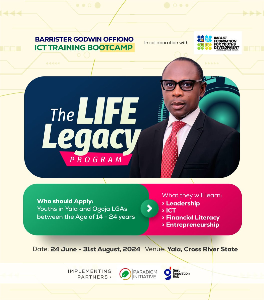 We're launching the Hon. Godwin Offiono Constituent Life Skill Training Bootcamp in partnership with <a href="/ParadigmHQ/">Paradigm Initiative (PIN)</a> &amp; Guru Innovation Hub! Empowering young people in Ogoja/Yala Federal Constituency with #ICT, #entrepreneurship, #financialliteracy &amp; #leadership skills. 

#LIFELEGACY