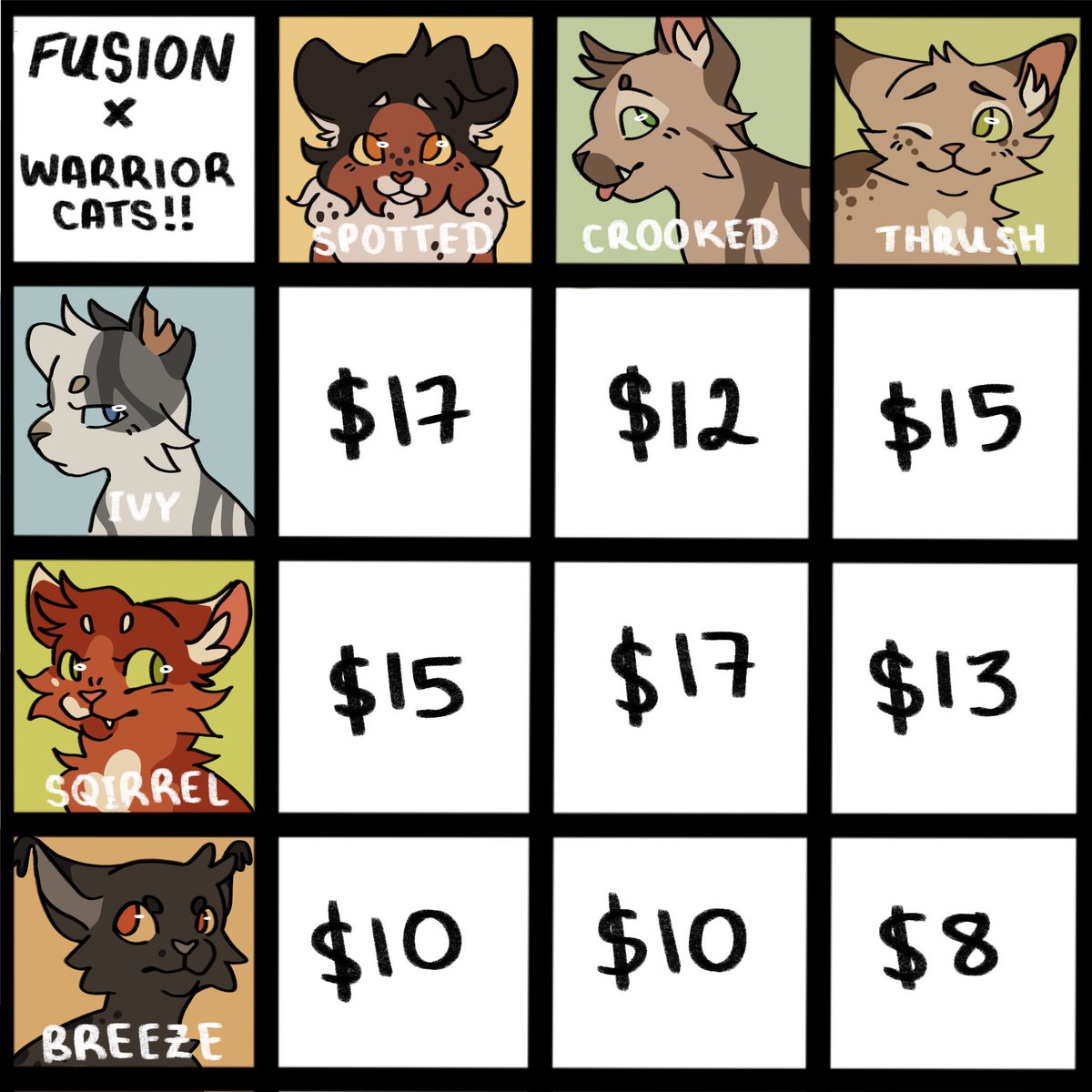starrylagoon's tweet image. opening emergency fusion grid!!! fusions are drawn upon purchase with a 24hr turnaround 🩵

thrushbreeze and crookedivy ready!
#warriorcats #fusiongrid