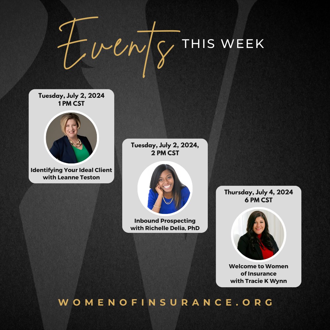 wmnofinsurance's tweet image. Save the Dates for This Week&apos;s Training and Events!
ACTIVE TRAINING MEMBERSHIP OR CHAPTER MEMBERSHIP IS REQUIRED TO ATTEND.
Visit womenofinsurance.org/membership to subscribe or apply for access.
#womenofinsurance #weeklytraining #recurringevents #ProfessionalDevelopment
