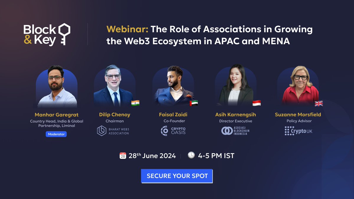 The Block and Key Webinar, "The Role of Associations in Growing the #Web3 Ecosystem in #APAC and #MENA," is happening today at 4 PM IST!

1/3