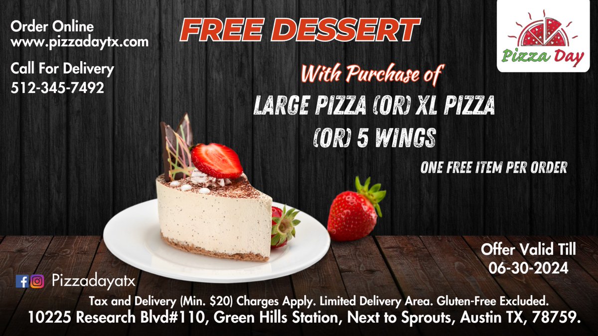 PizzaDayTx's tweet photo. Treat yourself to a #free dessert with every large pizza, XL pizza, or 5 wings order

Call to order: 512-345-7492
Order Online: https://t.co/AlE31IY86R

#pizzadaytx #austintx #indianpizza #pizza #pizzeria #pizzadelivery #foodblogger #pizzadeals #texas #foryourpage #restaurants https://t.co/woHKOW29hj