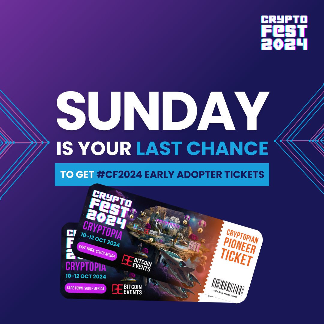BitcoinEventsCo's tweet image. 🚨 FINAL CALL! 🚨 

Early Adopter Tickets for #CryptoFest close this weekend – Secure yours now or risk missing the ultimate journey to Cryptopia! 🚀✨

🎟️ bit.ly/43SR17C

#CryptoConference #crypto #cryptocurrency #DeFi #Fintech #AI #Web3 #StartUp #cryptoevent