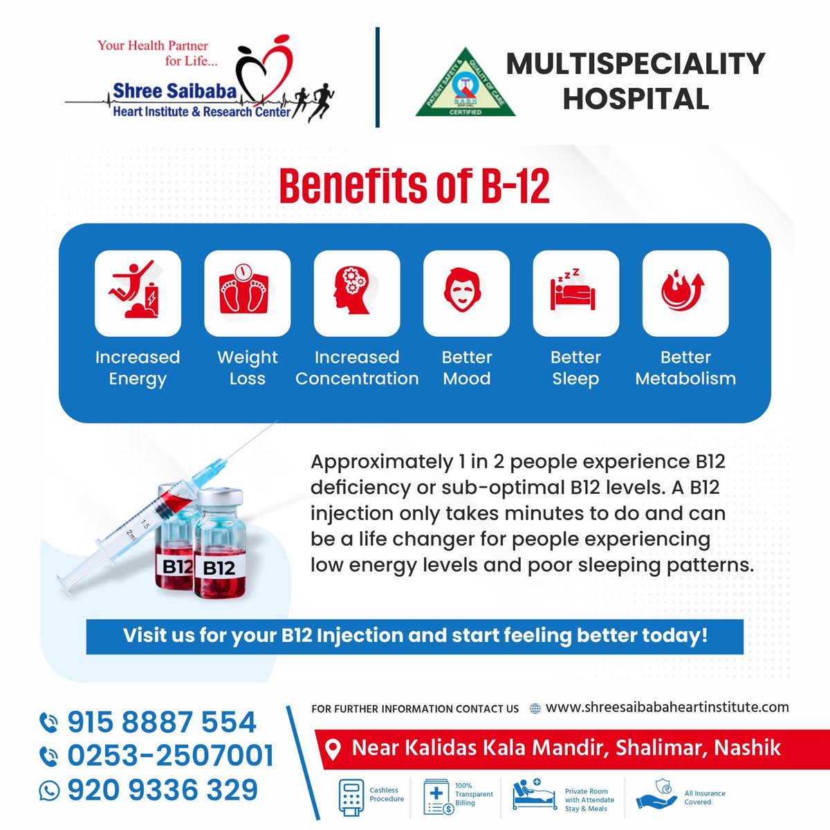 aniepaul's tweet photo. 🌟 Discover the Power of B-12 at Shri Saibaba Heart Institute &amp; Research Center Nashik! 🌟

Feeling low on energy? Struggling with concentration, mood, or sleep? You might be one of the many people experiencing B-12 deficiency. https://t.co/TKscszBO3e