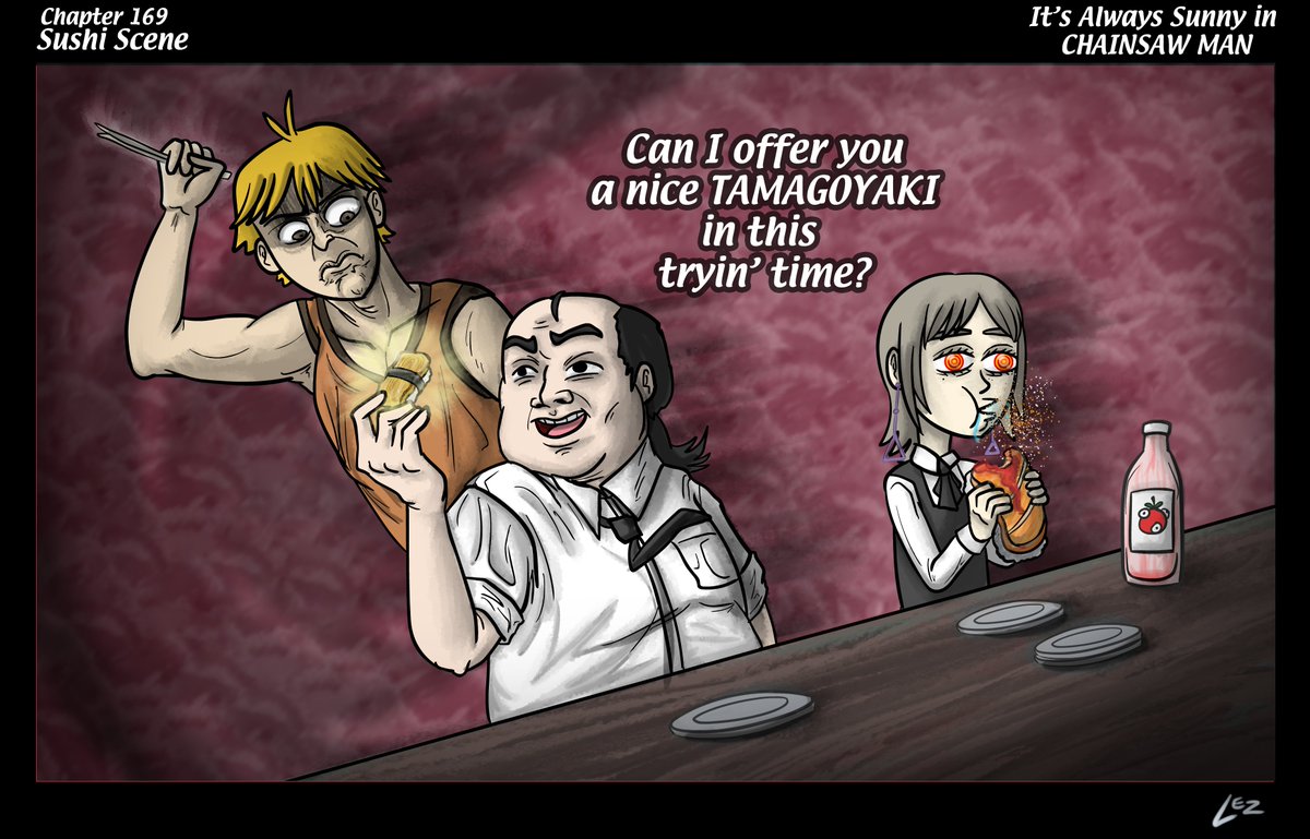 lezfapnao's tweet photo. Chapter 169
Sushi Scene
#chainsawman #チェンソーマン #chainsawmanfanart #csm169 #chainsawman169 #Denji #Fami #Barem #itsalwayssunnyinphiladelphia #iasip https://t.co/1MxxsKwEad