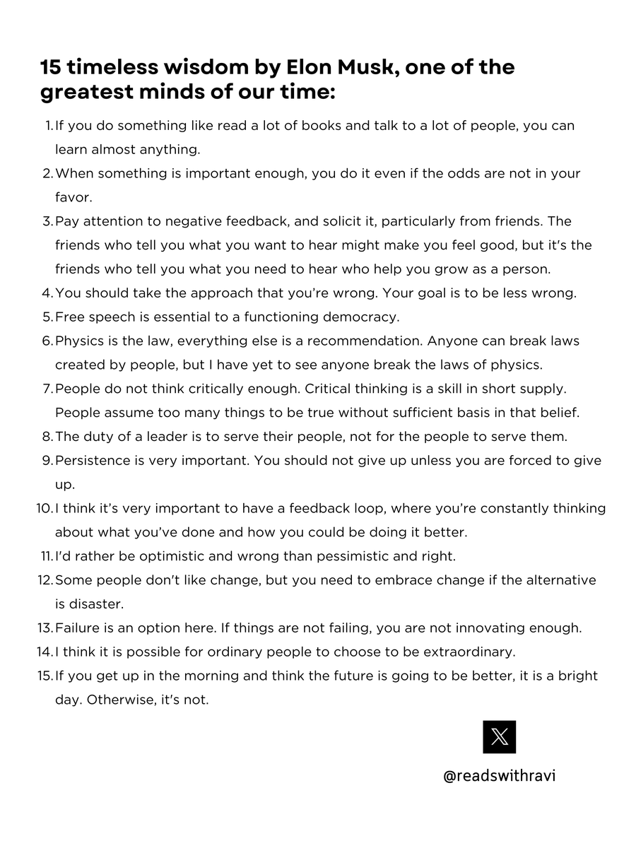 readswithravi's tweet photo. 15 timeless wisdom by Elon Musk, one of the greatest minds of our time: https://t.co/C38bhJUsa3