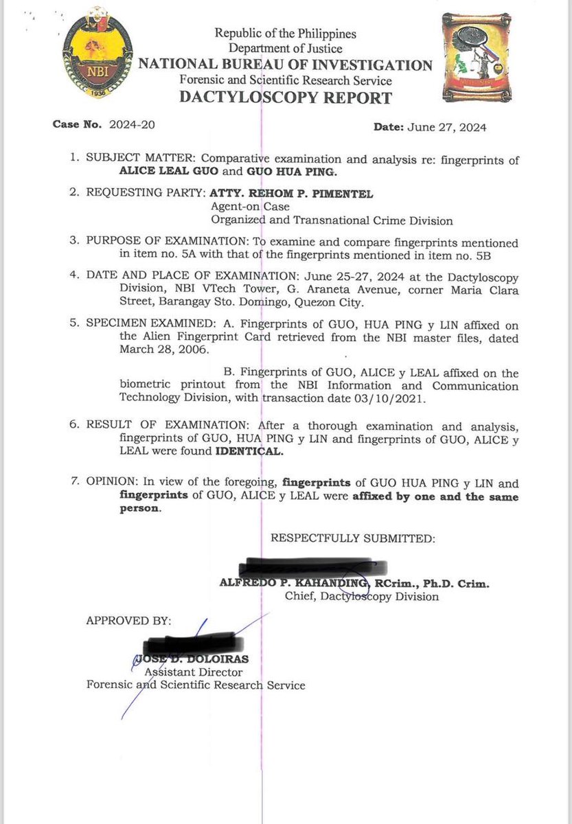 ABSCBNNews's tweet photo. LOOK: The NBI report which says the fingerprints of Bamban, Tarlac Mayor Alice Guo and Chinese national Guo Hua Ping match. | via @victoriatulad 

(Courtesy: Office of Sen. Risa Hontiveros) https://t.co/6Mfa3IcjC2