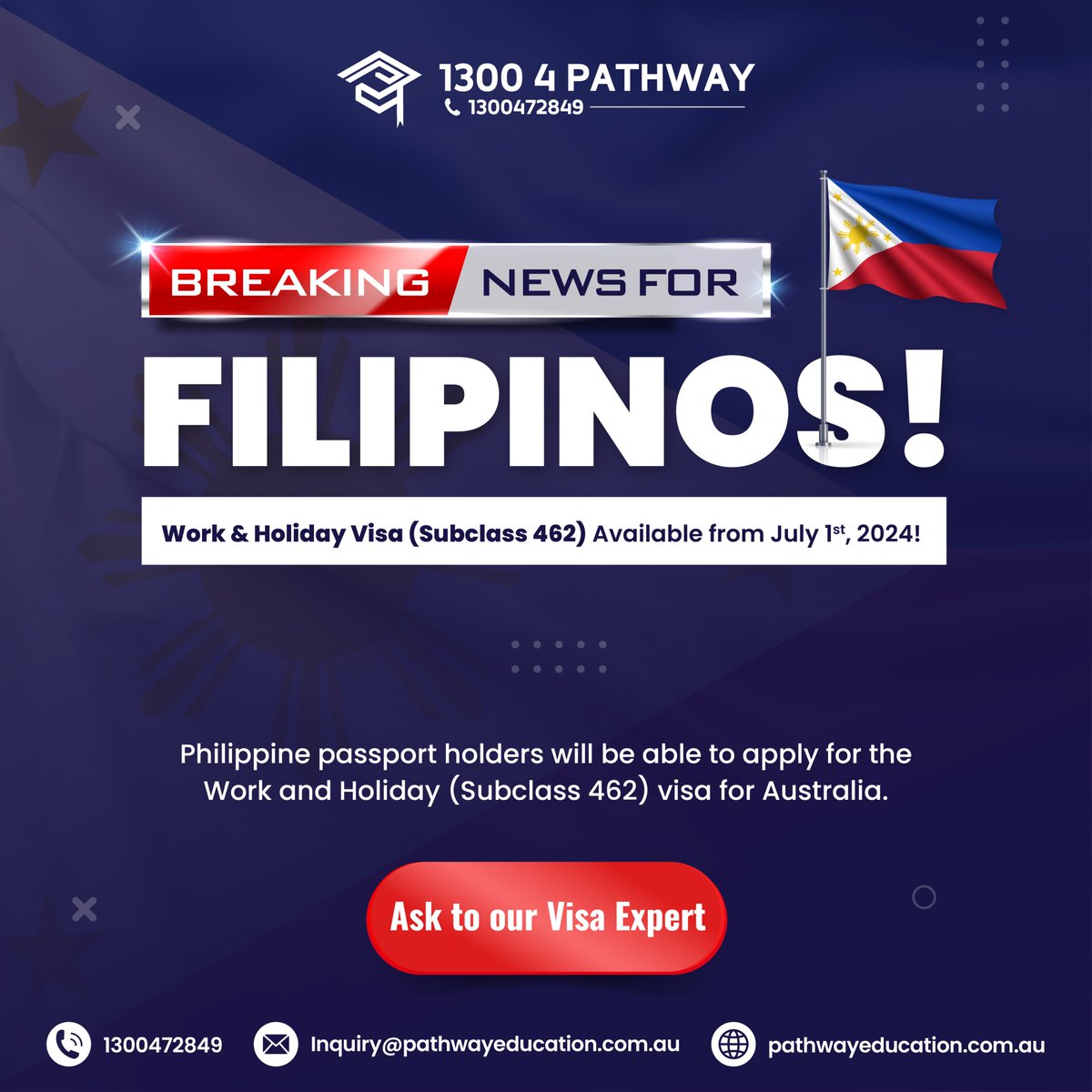 pathway_edu_au's tweet image. 📢 Exciting news for 🇵🇭🇵🇭Filipinos!

✅Work &amp;amp; Holiday Visa (Subclass 462) Available from July 1st, 2024!

#Filipino #Workingholidayvisa #Subclass462 #settleinaustralia #visaupdate
#visaservices #migrationagent #migrationserviceinmelbourne #immigration #migrationservice