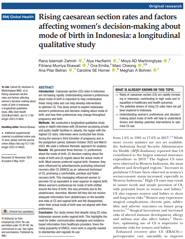 🚨 New Research Alert! 🚨 Our latest study in <a href="/GlobalHealthBMJ/">BMJ Global Health</a> explores the rising #CaesareanSection use in #Indonesia. Key findings reveal the influence of #ERACS advertising &amp; healthcare provider recommendations on caesarean section. Read more: bit.ly/4ck2lP8