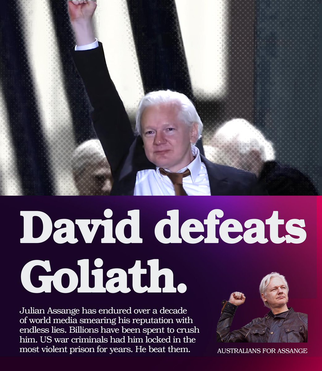 Aus4Assange's tweet photo. Julian Assange has defeated Goliath.
Billions  spent  worldwide to smear his name, repeating lies &amp; accusations. Police resources wasted 24/7 seven days a week for years. Hunted &amp; psychologically tortured in the most violent prisons. They tried to crush him. He beat them. He won. https://t.co/Qz76dyThBr