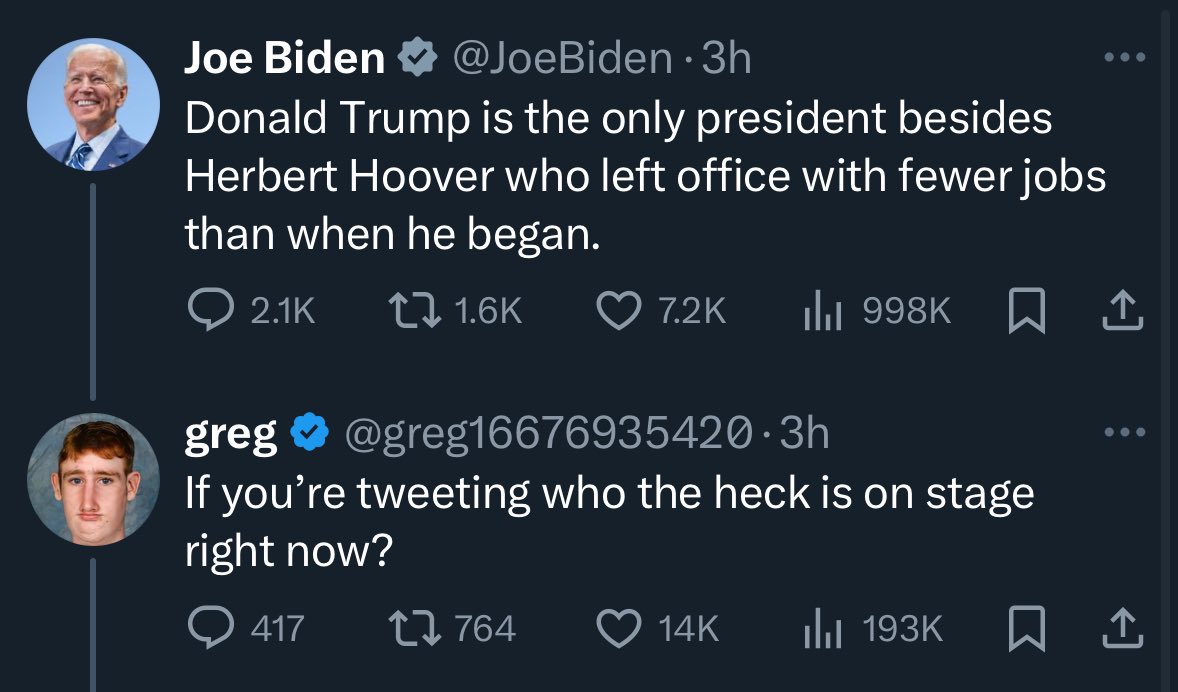 greg16676935420's tweet image. I’m honored to be the first person in US history to ratio a president during a debate