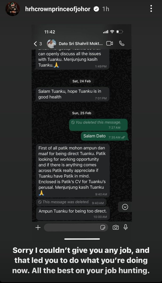 ZacZakirin13's tweet photo. Dalam dunia mencari pekerjaan, Dato Shahril paling hebat sekali sebab dia bukan minta kerja melalui HR, Manager, or CEO, dia whatsapp terus TMJ.

Lain macam punya cable. https://t.co/g48oatzfRu