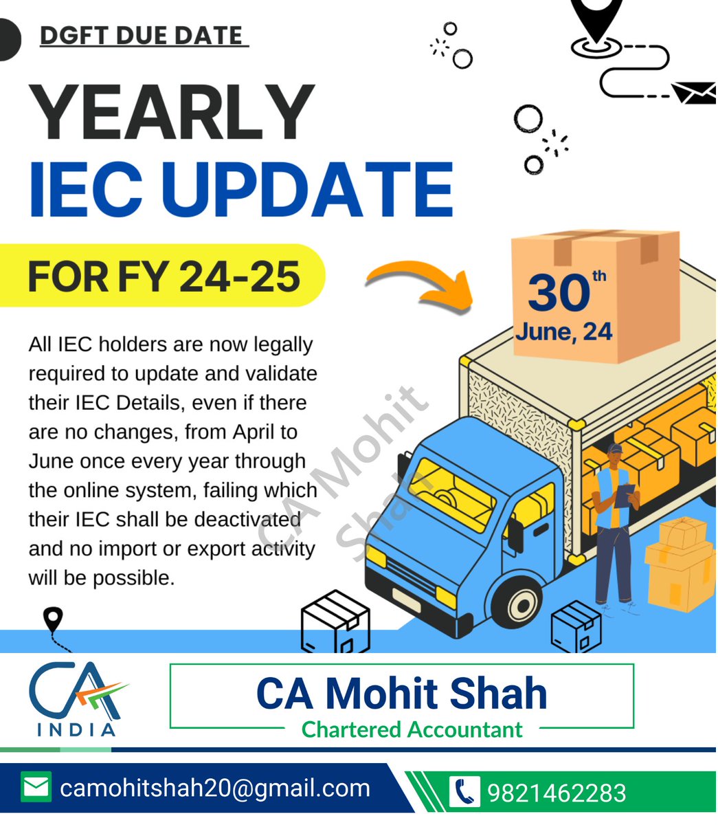 camohitshah20's tweet image. Importers and exporters, remember to update your IEC details by 30th June 2024. Ensure compliance to avoid deactivation of your IEC.
#IECUpdate2024 #YearlyIECReview #ImportExportCode #IECCompliance #TradeUpdate #IECMaintenance #InternationalTrade2024 #IECAnnualUpdate