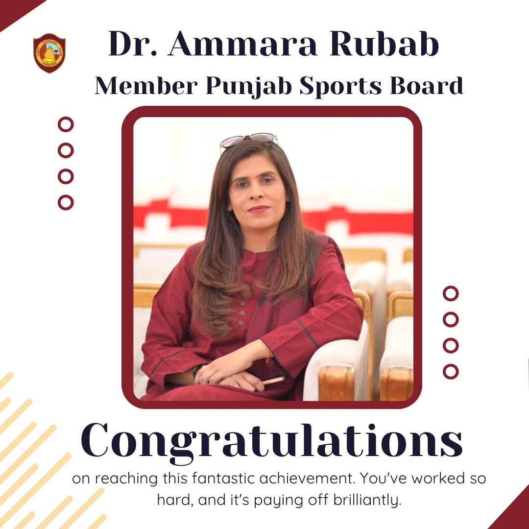 Congratulations to our Head of the sports Department Dr. <a href="/ammararubab19/">Ammara Rubab</a> for her back-to-back achievements 

⏭️Becoming Member of Punjab Sports Board for the period of three years - 
 
⏭️Receiving doctorate degree in Sports Sciences

#kinnaird #kinnairdfamily