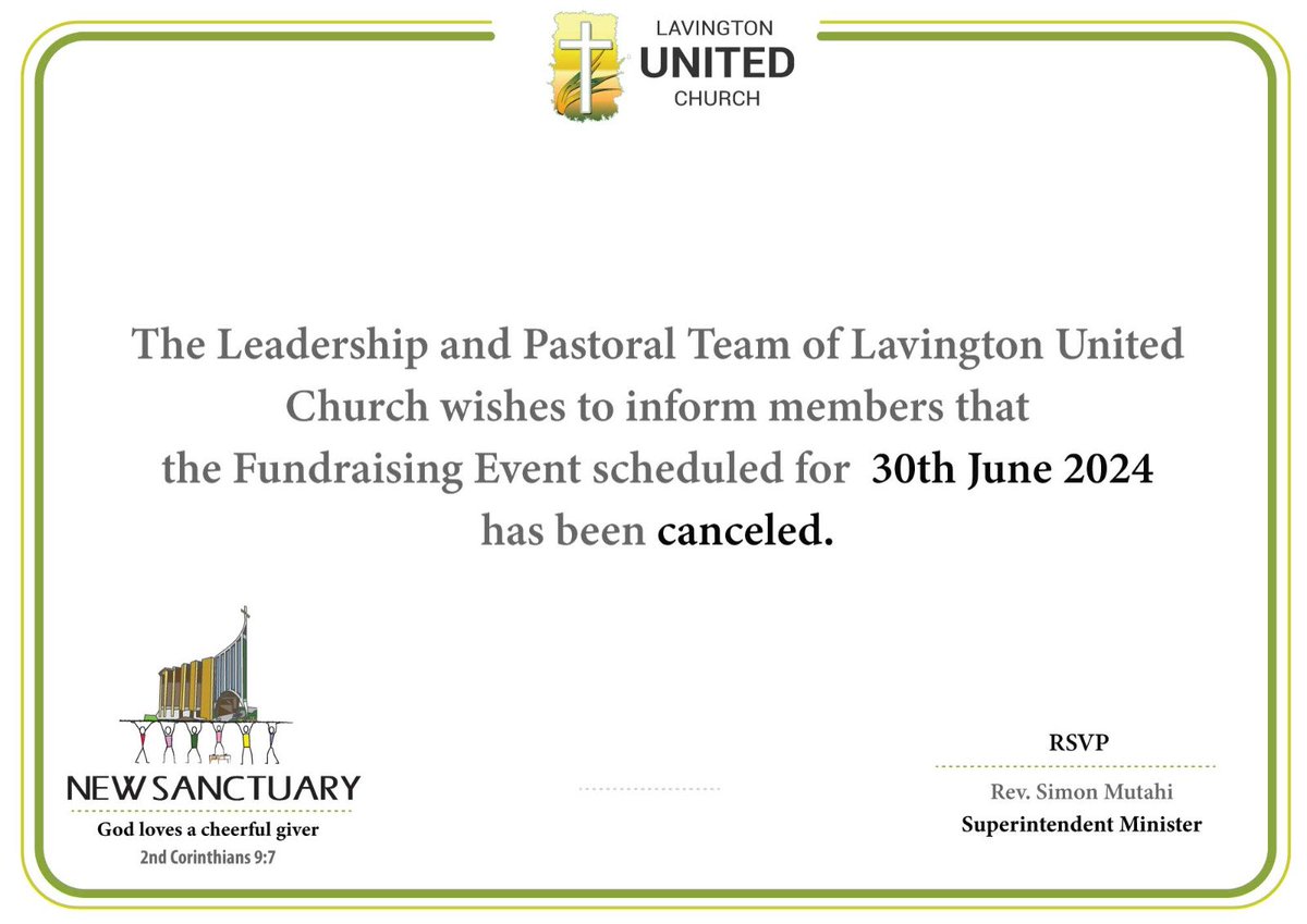 mwabilimwagodi's tweet photo. Good morning Brothers and Sisters in Christ Jesus our Savior. The Lavington United Church has cancelled the fundraiser for their new sanctuary on 30th June 2024. 
May the name of our Lord be exalted. 🙏🏾🙏🏾🙏🏾🙏🏾🙏🏾 https://t.co/u5mNFiUBxV
