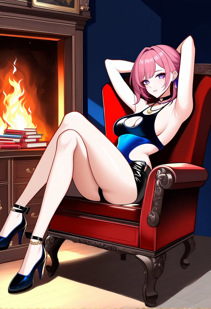 liaxlii's tweet photo. Sitting solo by the fire, her short pink hair and crossed legs exude charm. High heels and jewelry complete her stunning look. #FireplaceCharm #ElegantPink #SoloStyle https://t.co/vPbJwrVGqz