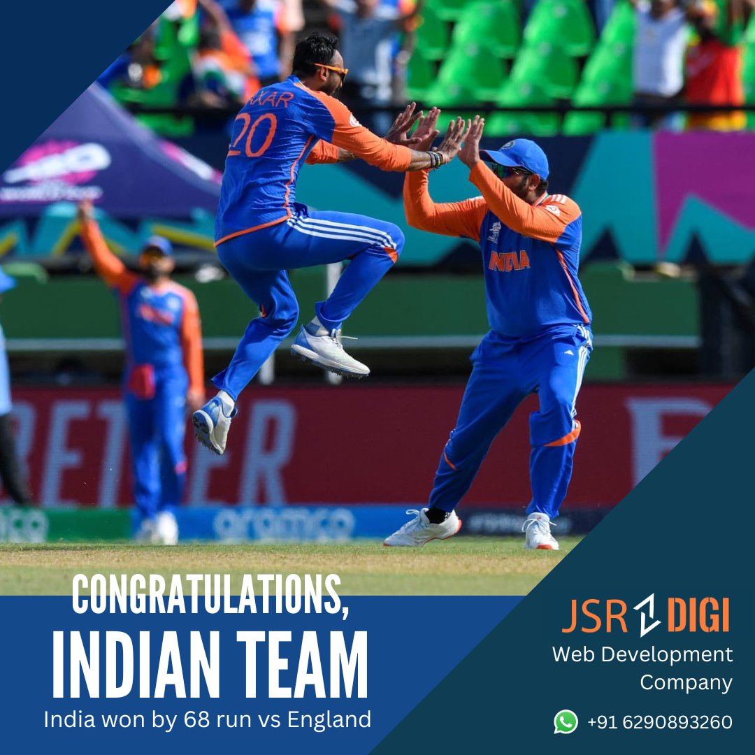 jsrdigi's tweet photo. A Historic Victory Over England! ✌️🔥
Just one more win to become world champions! ✨

JSRdigi heartiest ❤️ Congratulating to Our Indian Team for this victory and best wishes for #FINAL #T20

#INDvsENG2024
#TeamIndia #jsrdigi #WebDevelopment #WebsiteDesign #digitalmarketingagency https://t.co/x9YE79fpnU