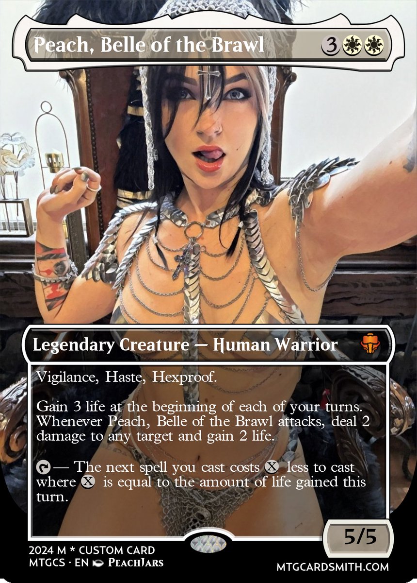 Made a custom card featuring @PeachJars and her ridiculously amazing  chainmail microbikini bark bark bark woof woof awooga #mtg  #magicthegathering #peachjars @idiotpeach