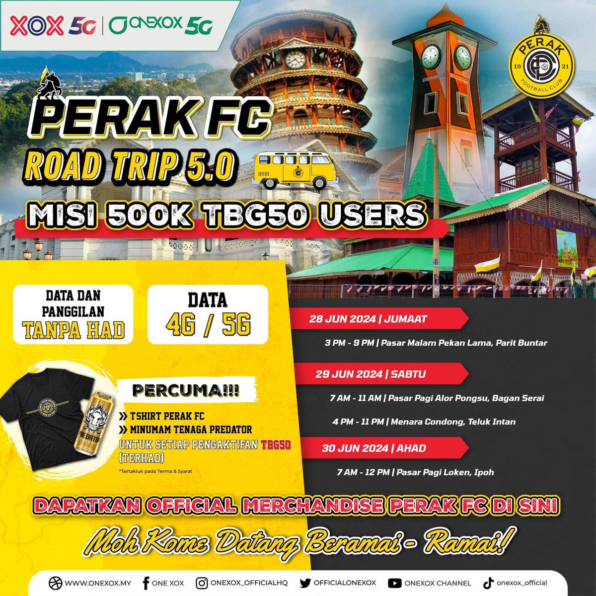 perakfcofficial's tweet photo. PFC ROAD TOUR 5.0

Hujung minggu Perak dimeriahkan lagi dengan jelajah Perak FC 5.0! 

PARIT BUNTAR, BAGAN SERAI, TELUK INTAN, IPOH, KOME TUNGGU KAMI SAMPAI!

🤍💛🖤

#PerakFC
#ONEXOX
#XOXMALAYSIA
#RiseAsOne
#CheetahMY
#Misi500kSubsTBG50 https://t.co/DEYj0orDt8