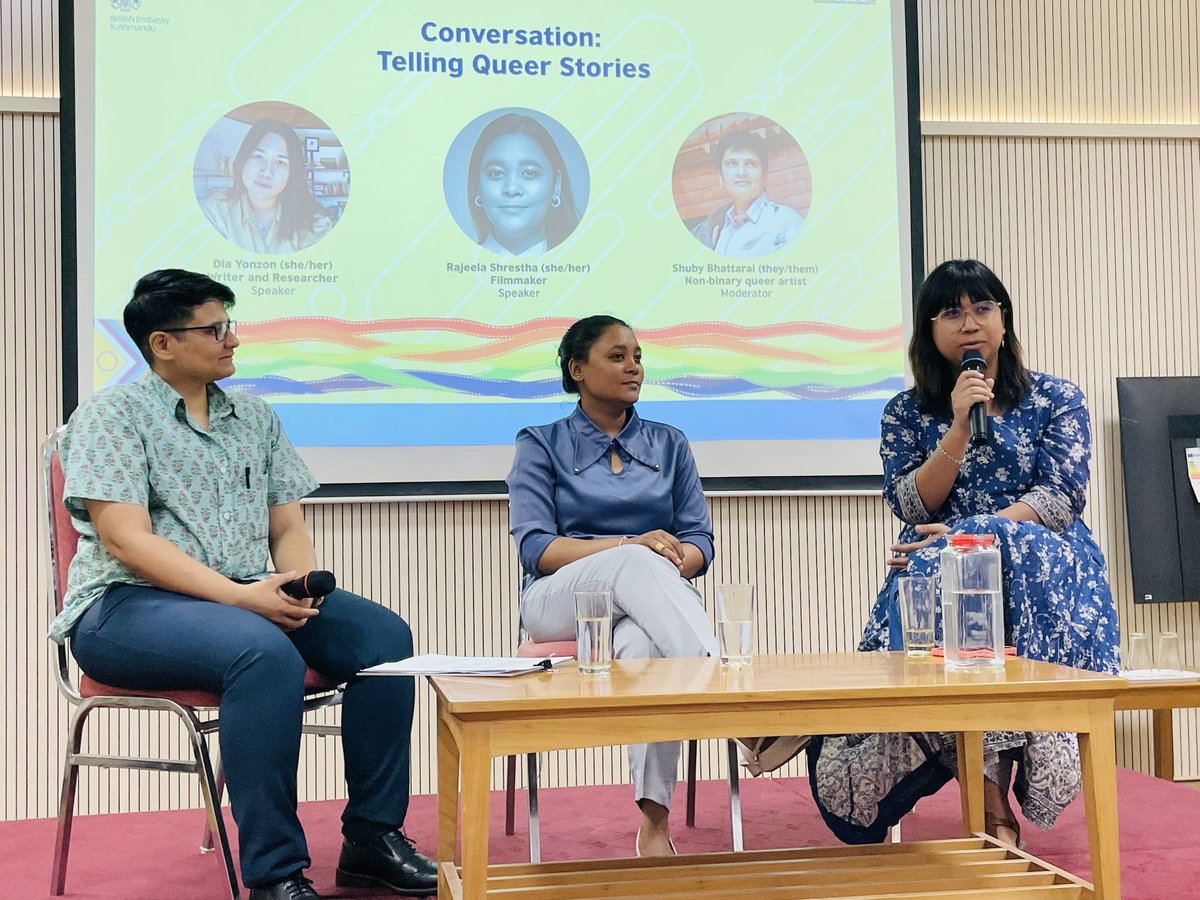 UKinNepal's tweet photo. British Emb Kathmandu &amp; @npBritish hosted ‘Films for Freedom: Celebrating Pride’ bringing together LGBT+ community &amp; allies to celebrate LGBT+ culture &amp; artist expression by screening 3 films &amp; through a panel discussion: Telling Queer Stories.
🇬🇧 in solidarity with 🌈 🇳🇵
#Pride https://t.co/XqLMVtAp9V