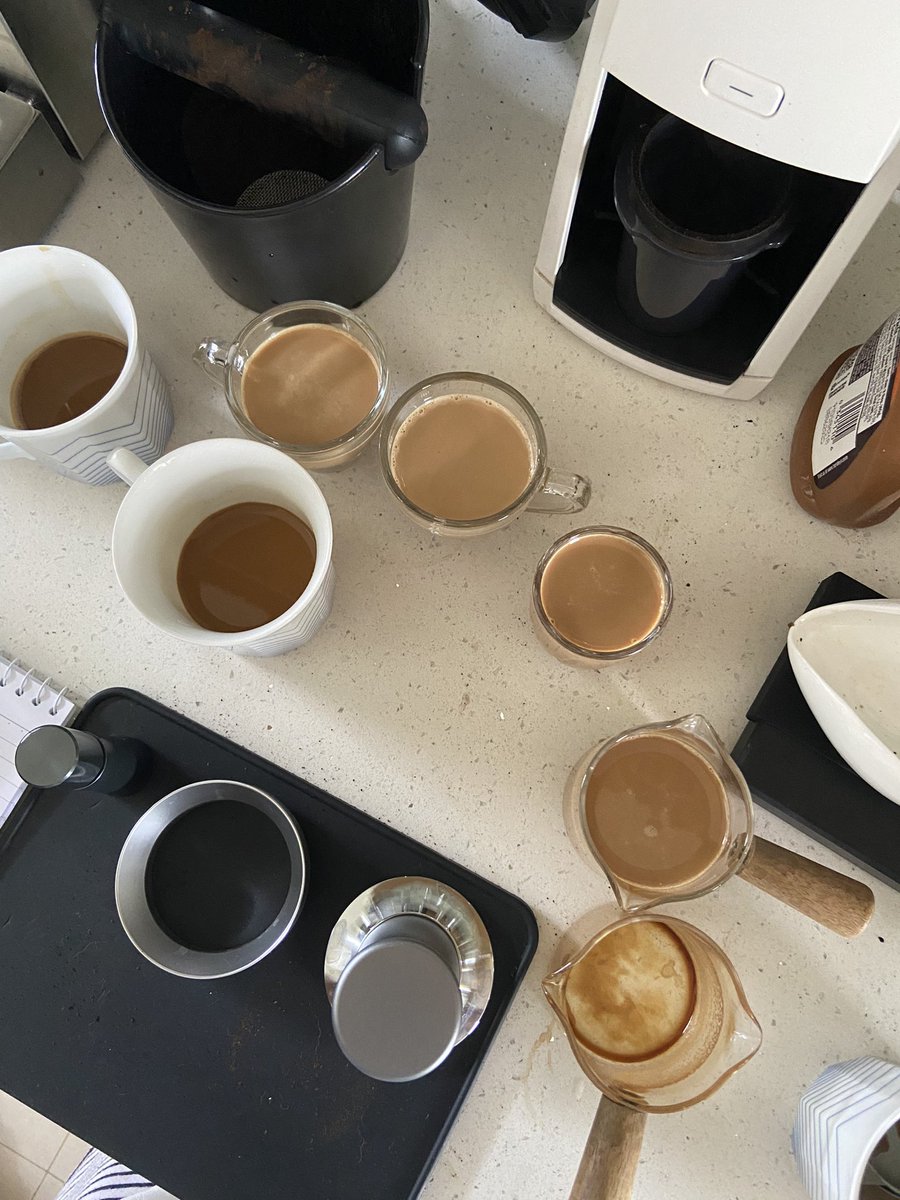 dahrren's tweet photo. we’ve been having r&amp;d sessions lately– testing out diff beans, adjusting the grind coarseness, trying varieties of milk ☕️
and as much as i love coffee, my gut can only do so much 🥴

i’m srsly thinking of just inviting friends over for free cupping sessions https://t.co/fmhUE4KRnr
