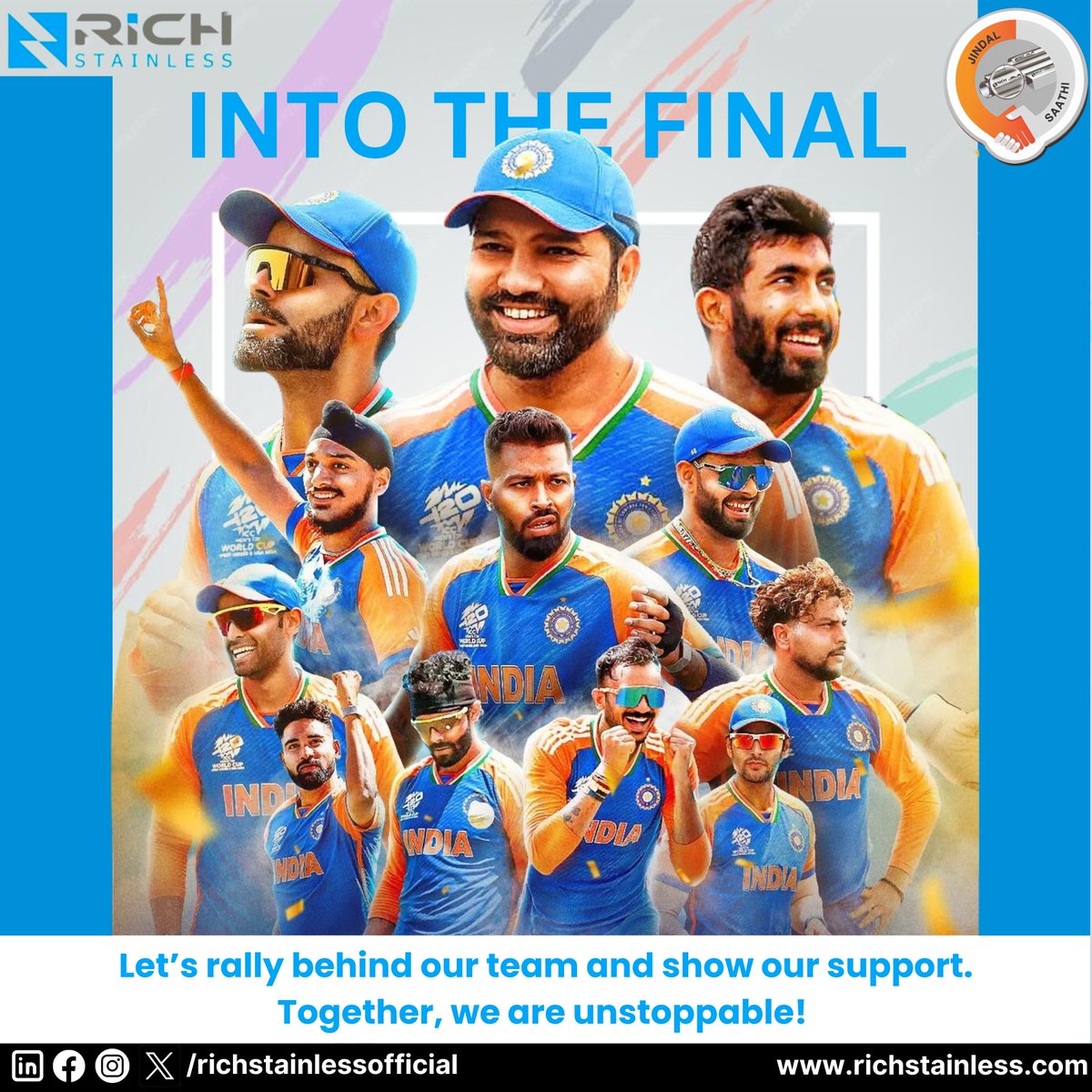 hard work have brought us to the grand stage! Let’s cheer for our heroes as they aim for glory. Bring it home, Team India! 💪💙 #cricketfinals #indiavssouthafrica #intothefinals #richstainless #jindalsteel