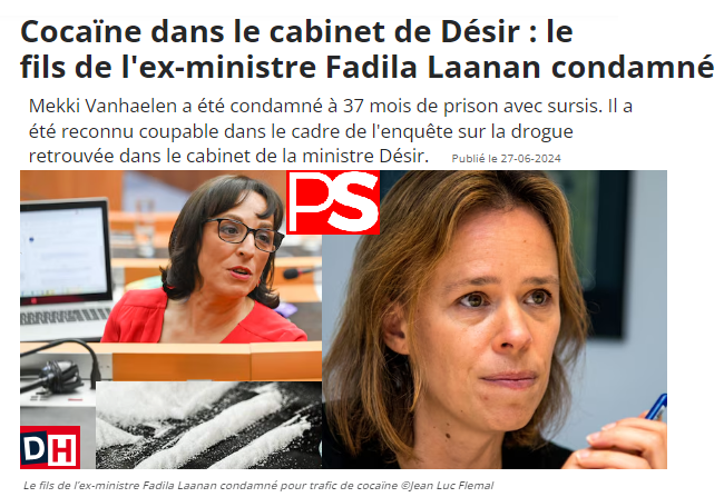 TransparenciaBE's tweet photo. Au sein du cabinet de la ministre Désir (PS), Mekki Vanhaelen, le fils de l ex ministre PS Fadila Laanan, était le dirigeant d'un trafic de cocaïne. Il a été condamné à 37 mois de prison avec sursis.
Au total, sept des neuf suspects ont été reconnus coupable.
https://t.co/rf2vjhZhV0