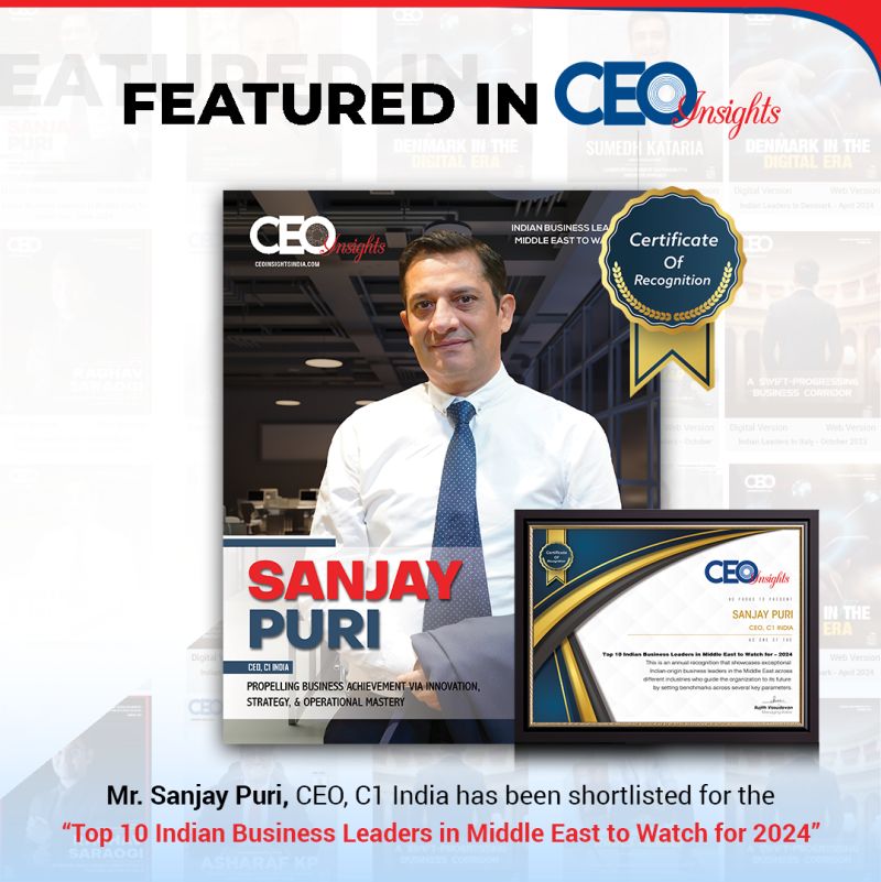 Excited to share that Mr. Sanjay Puri, CEO of C1 India Pvt Ltd, has been featured in CEO Insights June 2024 edition as one of the "Top 10 Indian Business Leaders in the hashtag
hashtag#MiddleEast to Watch for 2024".