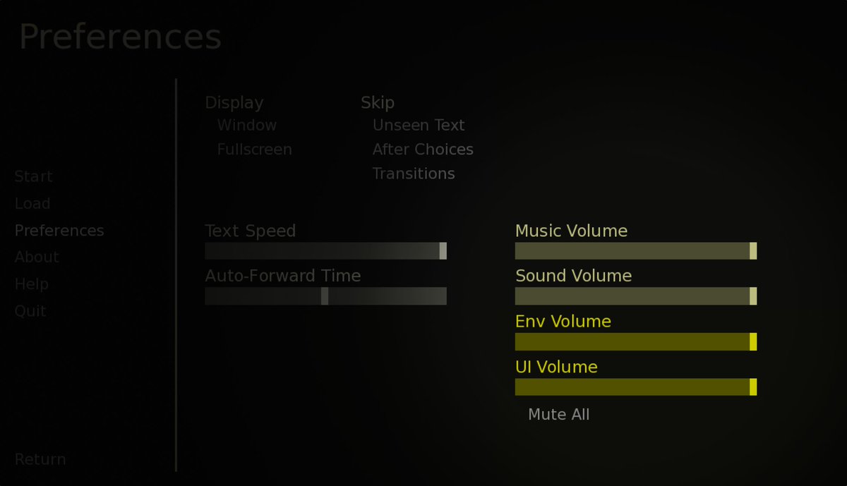 Never thought it would be that complex adding VCAs to #RenPy preferences screen. Now I can proceed to manage the channels. I miss some good faders for real...