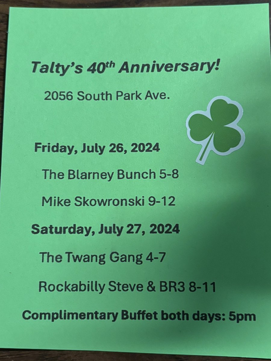 40 years on South Park Ave for Dennis Talty.. Stop in and raise a glass for our Anniversary party