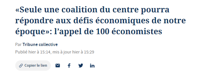L'appel des 100 (96 en fait en éliminant les doublons) économistes est intéressant non pas par le contenu de la tribune (continuons la transformation néolibérale, ça n'a pas donné tout ce qu'on attendait mais vous allez voir, ça va être super...) mais par le fait...