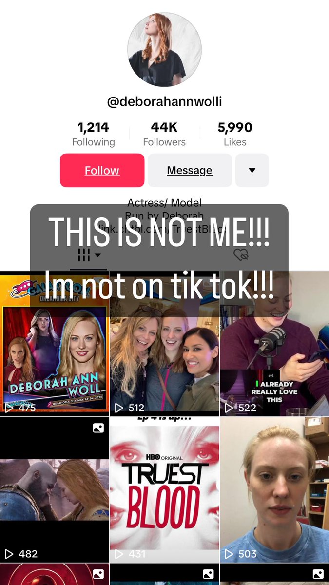 DeborahAnnWoll's tweet photo. I am NOT on Tik Tok. These accounts are NOT me. If you are in communication with anyone from there claiming to be me, you are being lied to. Unfollow them. Block them. Report them if you can. Thank you. @tiktok_us https://t.co/3R0FqZtttY