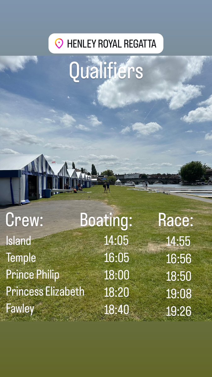Boating and race times for our five HRR qualifier crews today! #kewtherowing
