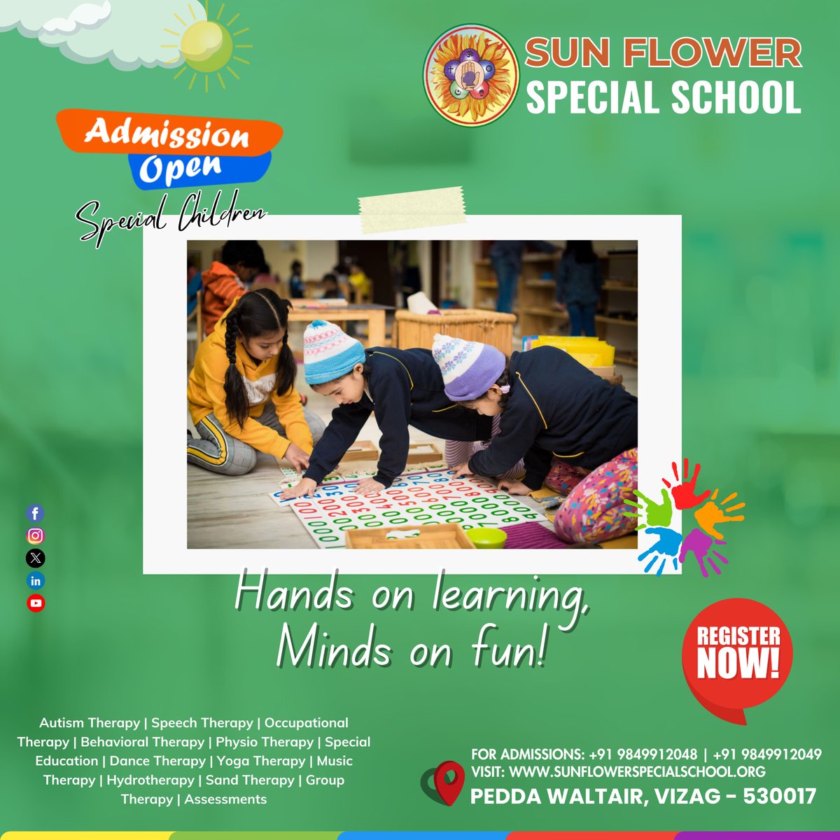 SpecialSchool55's tweet photo. Admissions are now open for passionate learners seeking nurturing and inclusive education. Join our path of growth and discovery today.

CONTACT US: +91 9849912048 | +91 9849912049

#SunFlowerSpecialSchool #BestschoolInvizag #QualityEducation #FutureLeaders #BestTeaching  #Bright https://t.co/Fy6MJ5lMy7
