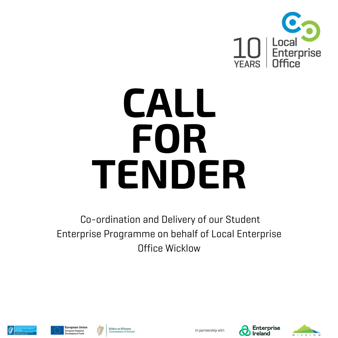 LEOWicklow's tweet image. 📢 Call for tender for the co-ordination and delivery of our Student Enterprise Programme on behalf of Local Enterprise Office Wicklow. Closing date is end of June 2024. 

For more information and to apply see:
etenders.gov.ie/epps/cft/prepa…

#callfortender