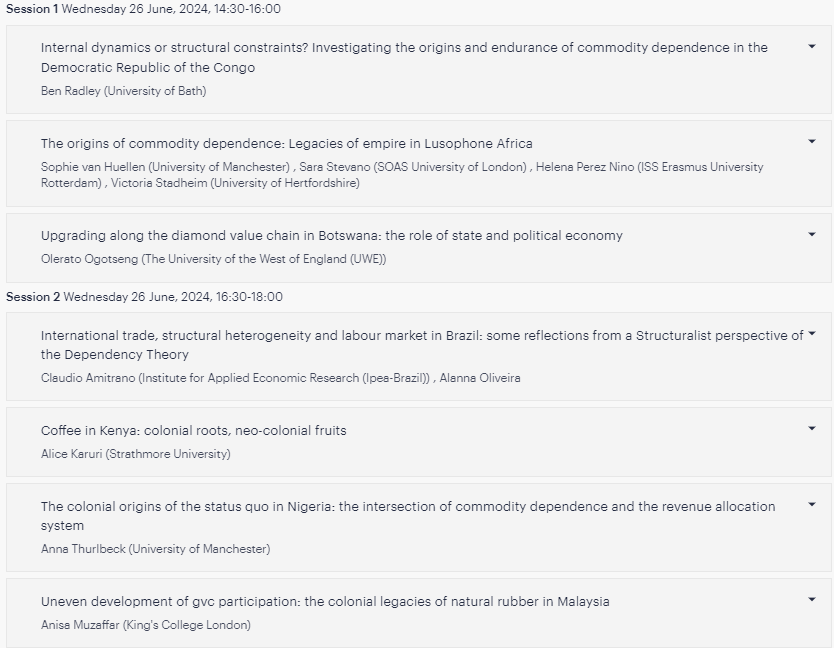 SaraStevano's tweet photo. We've had a great collection of presentations in our #DSA2024 panels on 'The colonial roots of commodity dependence' - many insights on continuities, ruptures &amp; mechanisms through which colonial relations persist and get re-shaped. Thanks to all presenters! https://t.co/tPtBgic1DS