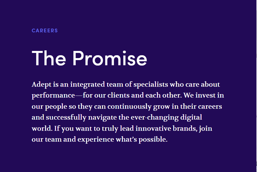 adeptmarketing's tweet photo. There are a lot of digital agencies, but few are industry leaders. By joining Adept, you can be a thought leader, work on great brands, access to professional mentors and affect change at nearly every level. https://t.co/tuqTp2NfNI
