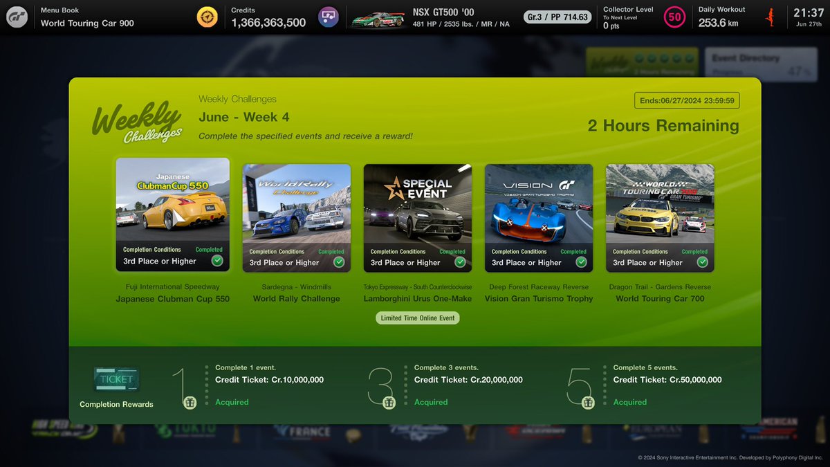 #GT7: I have completed the weekly challenge for the fourth week of June! I set aside a block of time to complete all four challenges in one sitting. 

I am so proud of myself! 

Cc: @vegeta25rs