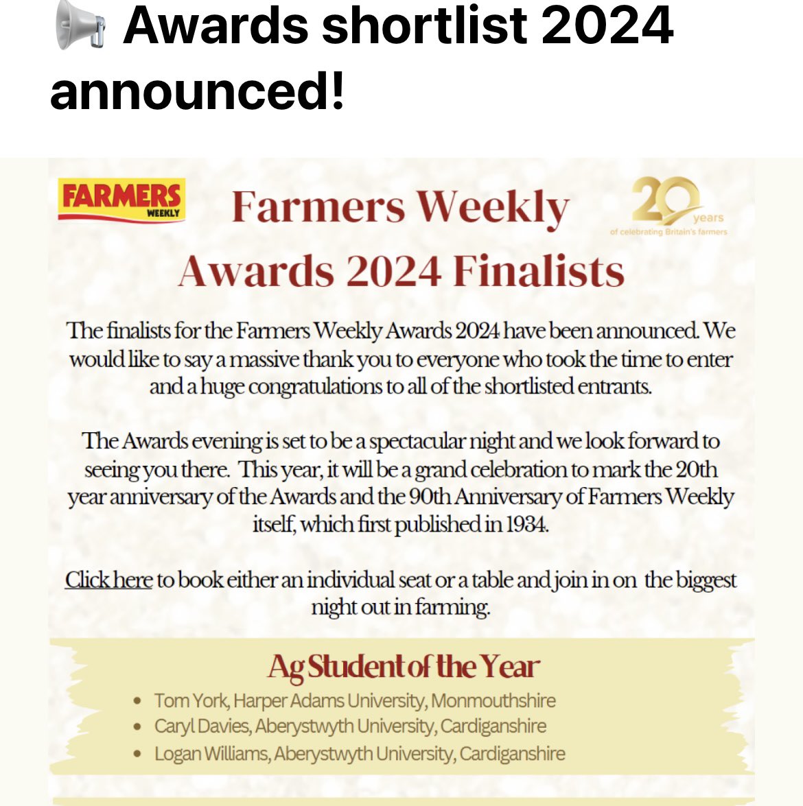 Aber Uni Amaeth/Agriculture (@aberuniagri) on Twitter photo Rydyn ni wrth ein bodd yn dweud mai 2/3 o rownd derfynol Myfyriwr Amaeth y Flwyddyn <a href="/FarmersWeekly/">Farmers Weekly</a> eleni yw myfyrwyr Amaeth <a href="/Prifysgol_Aber/">Prifysgol Aberystwyth</a>
Caryl Davies a Logan Williams Llongyfarchiadau enfawr🎉🍾 Rydyn ni wrth ein bodd yn dweud mai 2/3 o rownd derfynol Myfyriwr Amaeth y Flwyddyn <a href="/FarmersWeekly/">Farmers Weekly</a> eleni yw myfyrwyr Amaeth <a href="/Prifysgol_Aber/">Prifysgol Aberystwyth</a>
Caryl Davies a Logan Williams Llongyfarchiadau enfawr🎉🍾