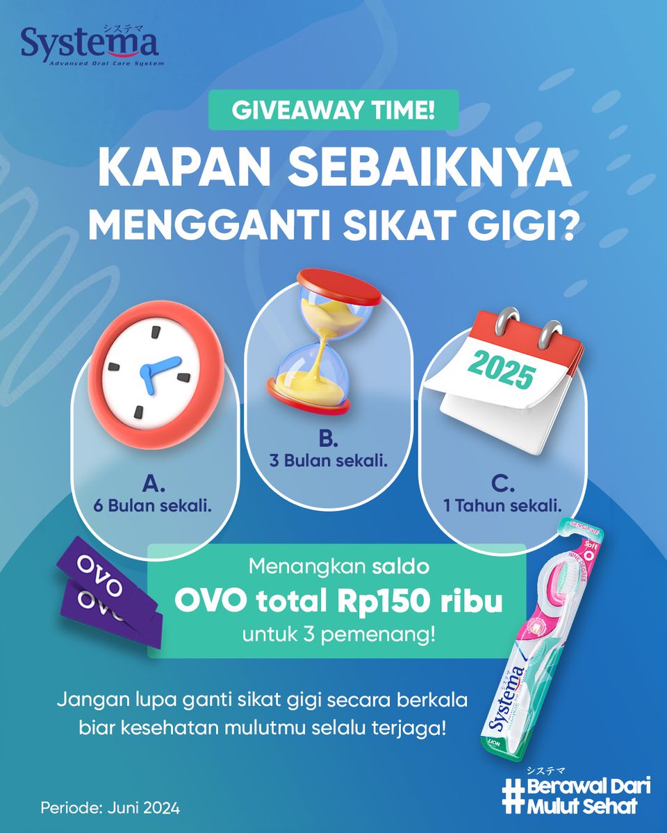 Kira-kira, kapan sih sebaiknya kita mengganti sikat gigi? Yuk, jawab di kolom komentar sebelum tanggal Juni 2024 dan dapetin hadiah OVO total Rp150.000 untuk 3 pemenang!

#BerawalDariMulutSehat #Giveaway