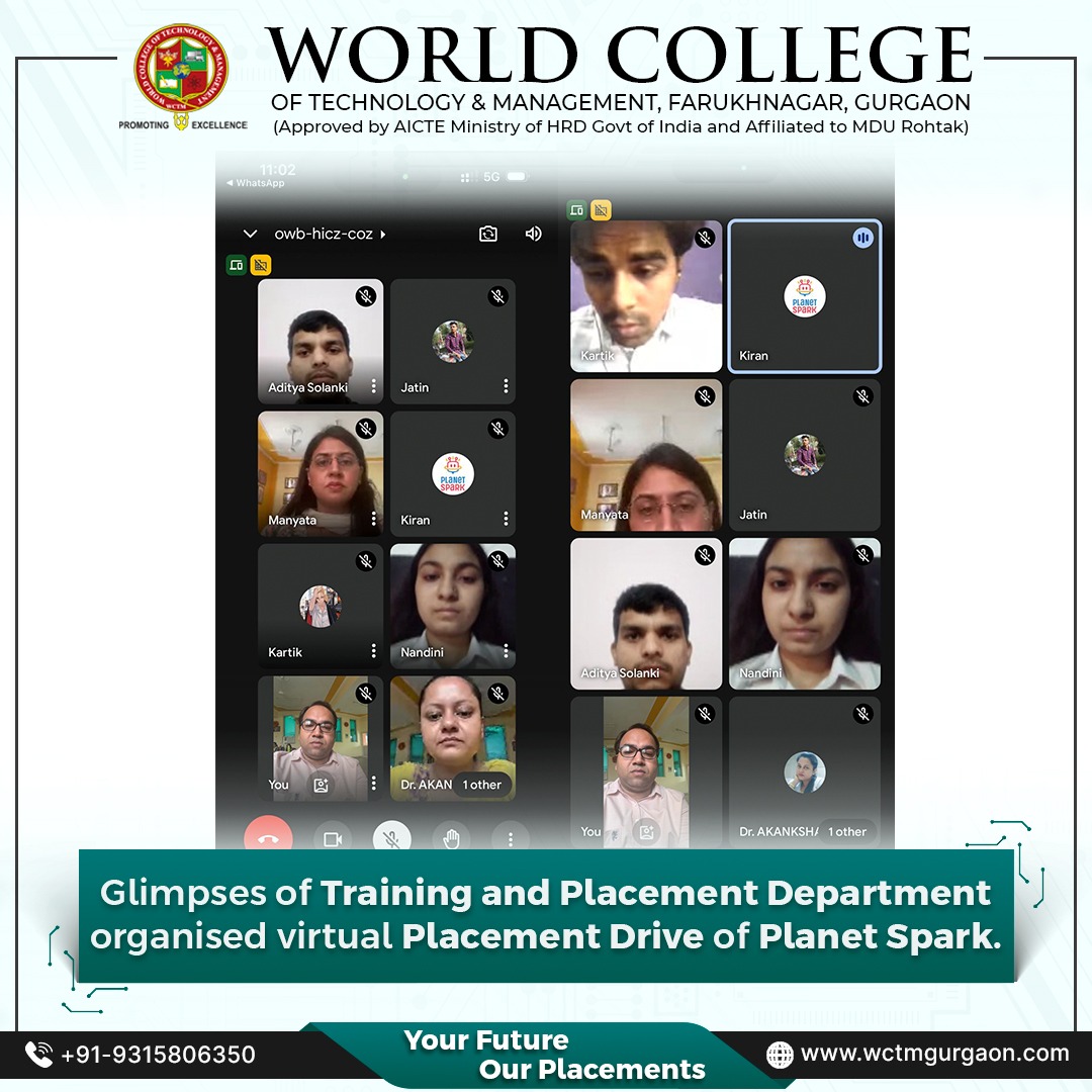 wctm_gurgaon's tweet image. WCTM&apos;s Training and Placement Department organized a successful virtual placement drive with Planet Spark, offering students direct interaction with industry leaders in education technology, enhancing career prospects and skills development.
.
.
#WCTM #TrainingAndPlacement