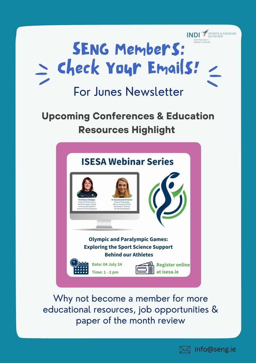 SENG Members: Check your emails 

We’d like to highlight one of our “Upcoming Conferences &amp; Educational Resources”  

Olympic and Paralympic Games: Exploring the Sports Science Support Behind our Athletes 

For more resources, job opportunities &amp; research why not become a member