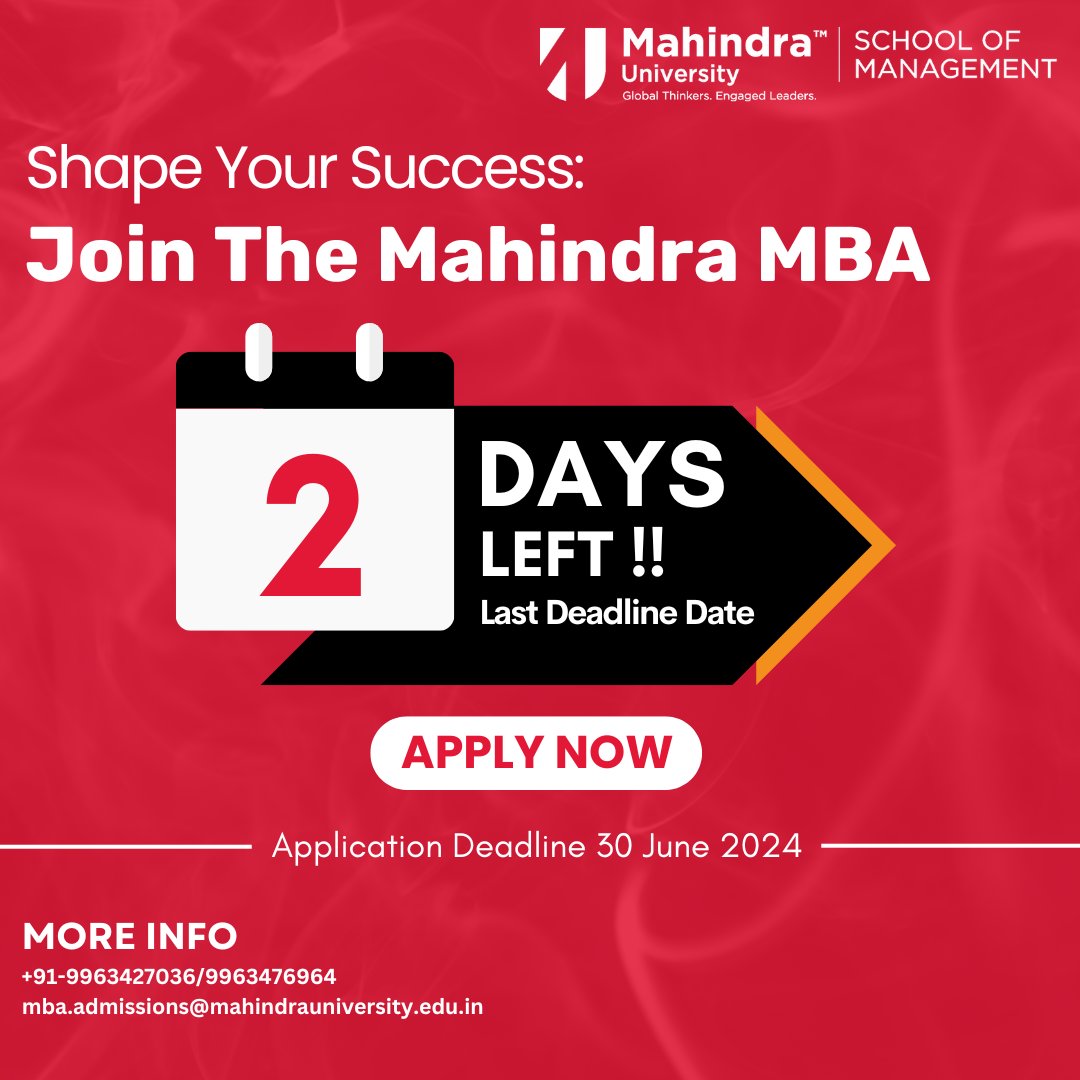 Only 2 Days Left!
The Last deadline for Mahindra MBA applications is approaching. Apply now!
Visit our website at lnkd.in/gZDnjDf8 to learn more and submit your application.

#mba #mbalife #cat #gre #gmat #mbaprogram #mbaadmissions #deadline #mbadeadline