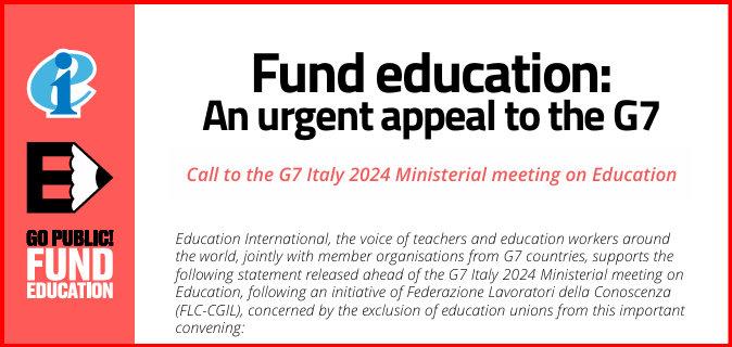Education International and its G7 members call for meaningful dialogue at #G7 Italy 2024 after teachers are excluded by <a href="/MIsocialTW/">Ministero dell’Istruzione e del Merito</a> from a key education meeting in <a href="/regioneFVGit/">Regione FVG</a>.  

📃Read the statement here: eiie.io/45R2Zl2

#GoPublic ✏️ #FundEducation #G7Istruzione