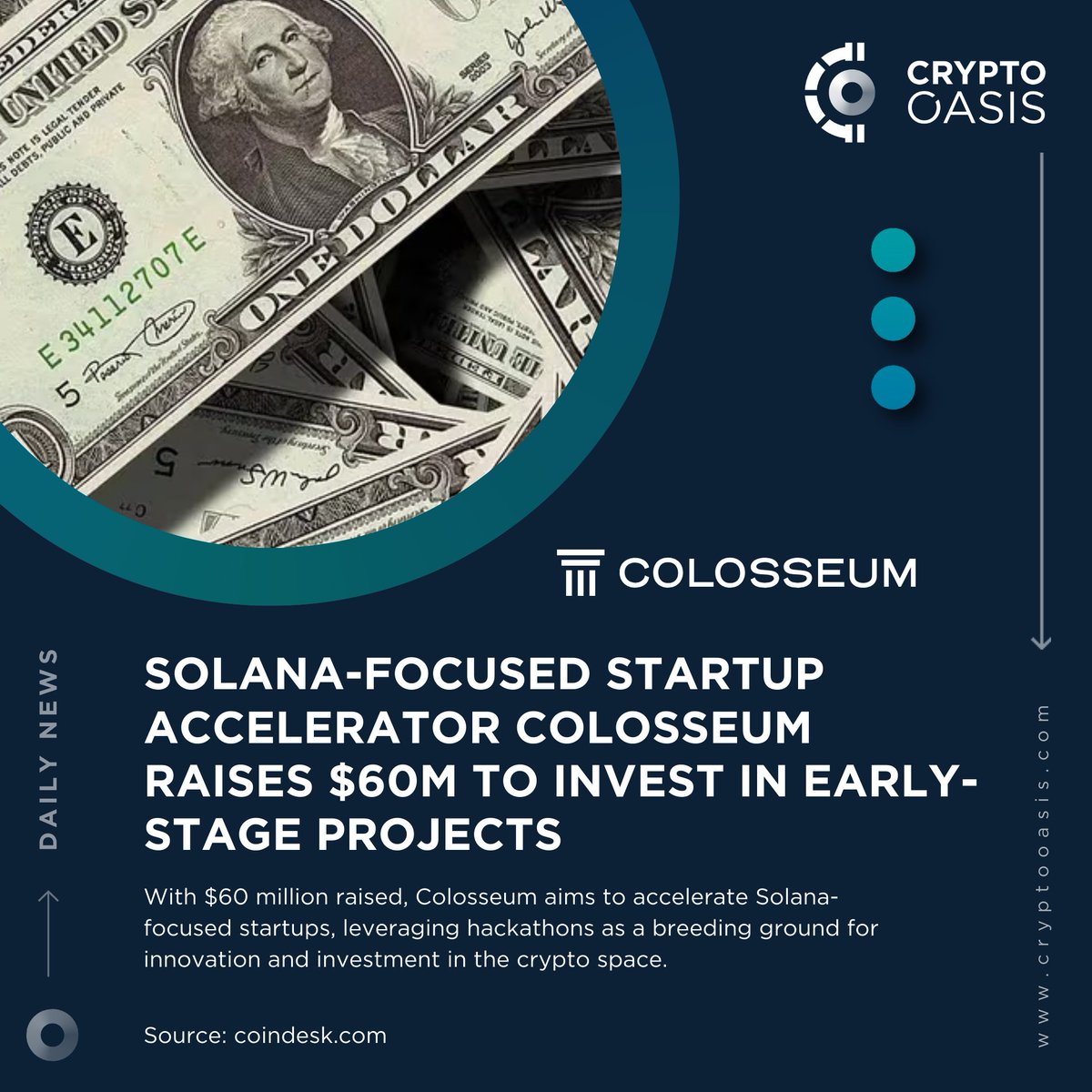 📢 Crypto Oasis Daily News @ColosseumOrg, a startup accelerator dedicated  to the Solana ecosystem, has secured $60 million in funding to support  early-stage projects emerging from @Solana hackathons.  https://t.co/3GUhdFebON @Coindesk